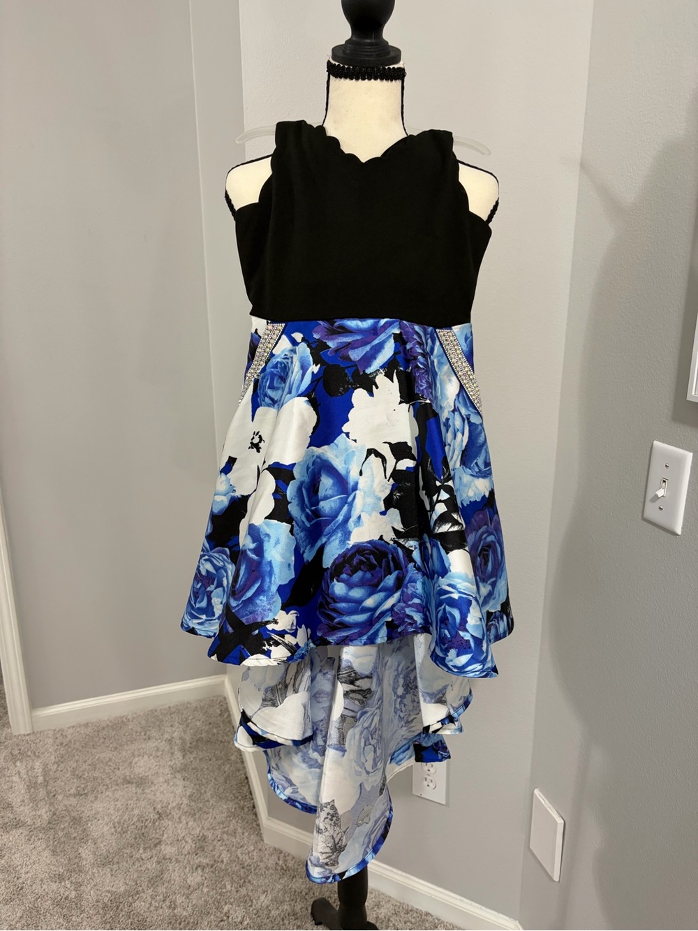Xtraordinary Black Bodice with Blue Floral High-Low Dress